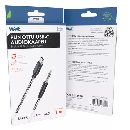 WAVE PUNOTTU AUDIOKAAPELI USB TYPE-C 3,5MM 1M MUSTAVALKOINEN - Kaapelit ja laturit - 6418312173925 - 1