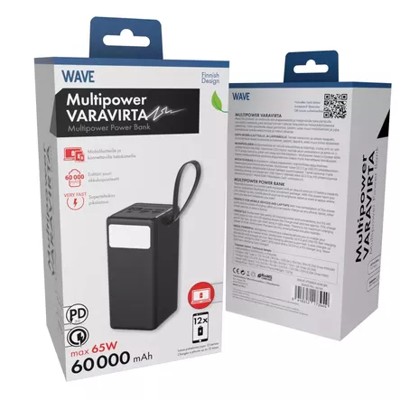 WAVE MULTIPOWER 60000MAH LISÄVIRTA MUSTA - Kaapelit ja laturit - 6418312173949 - 1