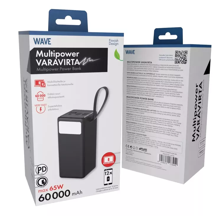 WAVE MULTIPOWER 60000MAH LISÄVIRTA MUSTA - Kaapelit ja laturit - 6418312173949 - 1